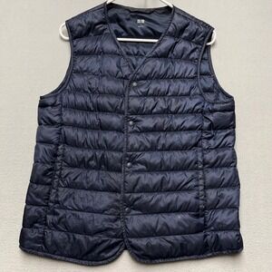 Uniqlo Ultra Light Down Vest Mens Small Navy Blue Quilted Puffer Snap Front 1545